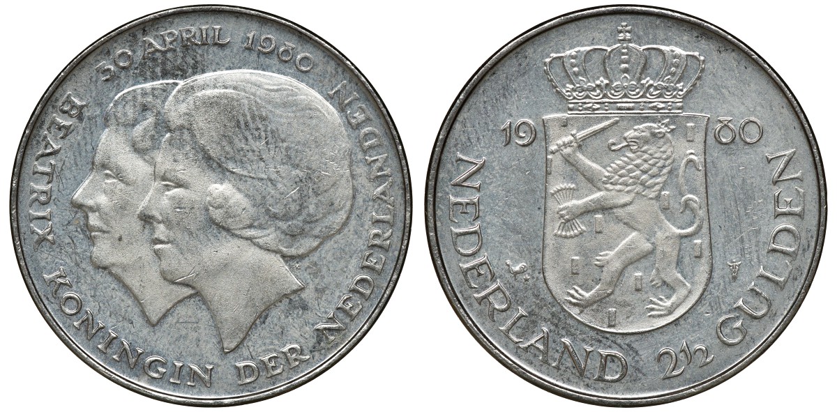 Нидерланды 2 1/2 гульдена 1980 коронация Беатрикс, 30 апреля 1980 KM 201 никель 72-1444