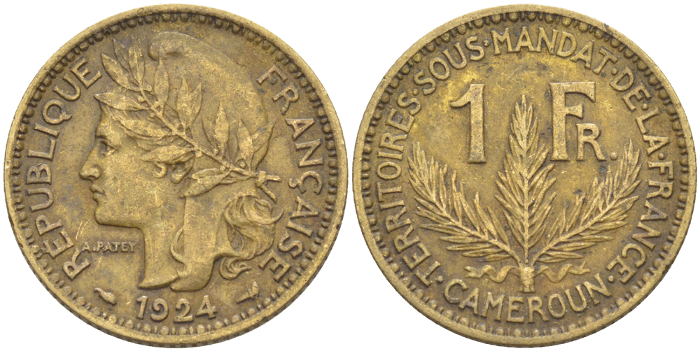 Французский Камерун 1 франк 1924 (а), монетный двор Париж KM 2 алюминиевая бронза 4610-933