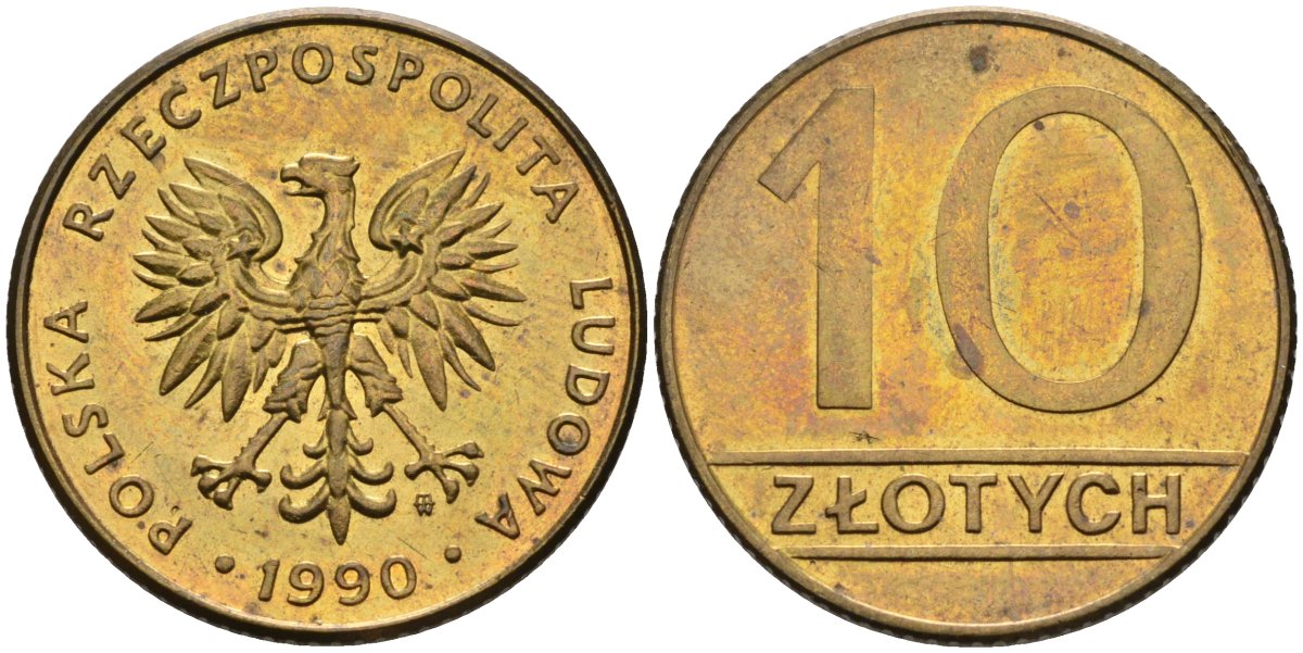 Польша 10 злотых 1990 MW, Народная Республика KM 152.2, Parchimowicz 244b латунь aUNC 4573-1057