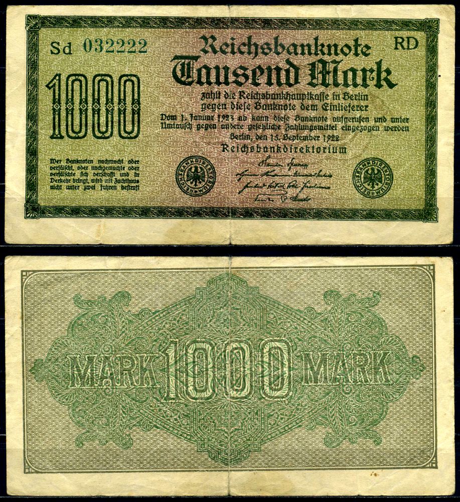 Германия 1000 марок 1922 15 сентября 1922, серия RD, водяной знак №31 Pick 76, Розенберг 75m бумага 3295-29-1-2