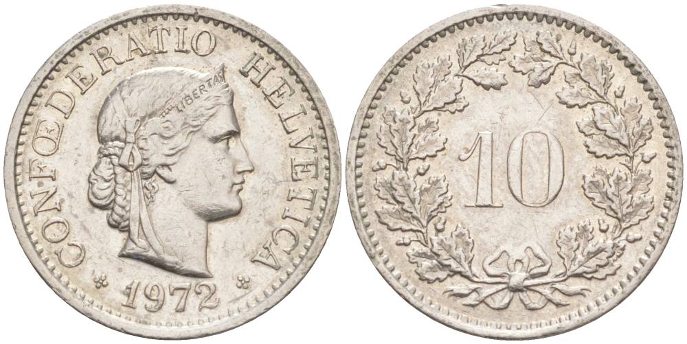 ШВЕЙЦАРИЯ 10 РАППЕНОВ 1972 KM 27 медно-никель 55-435