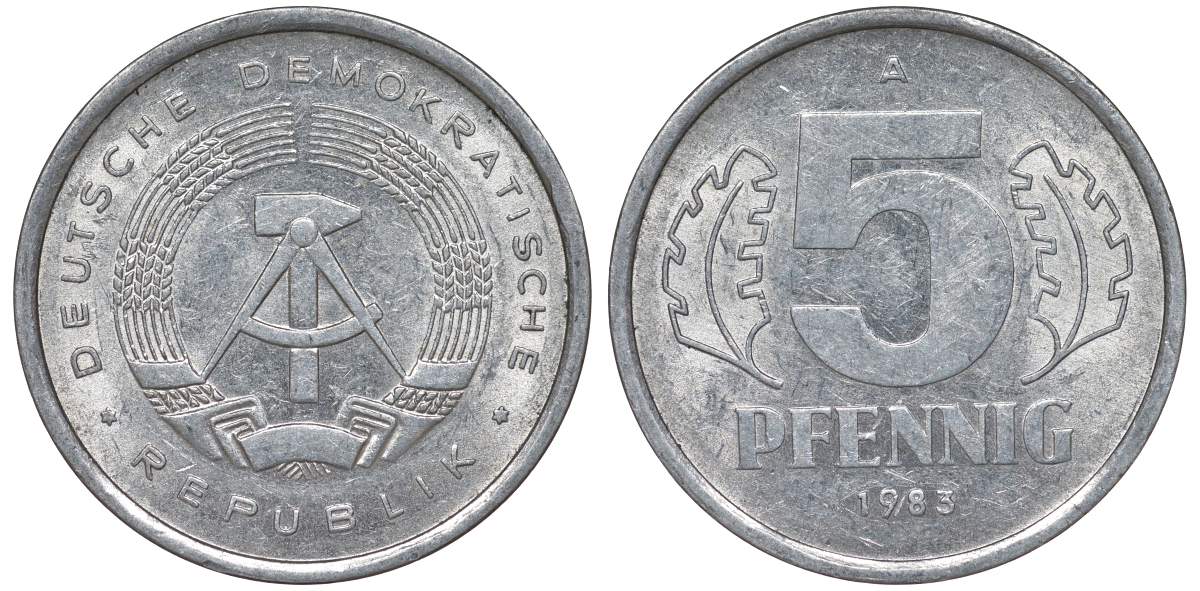 ГДР 5 ПФЕННИГОВ 1983 A КМ 9.2 алюминий 62-516