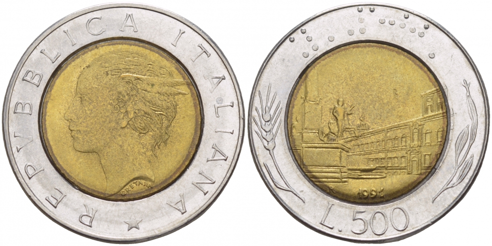 ИТАЛИЯ 500 ЛИР 1991 KM 111 биметалл 4548-112