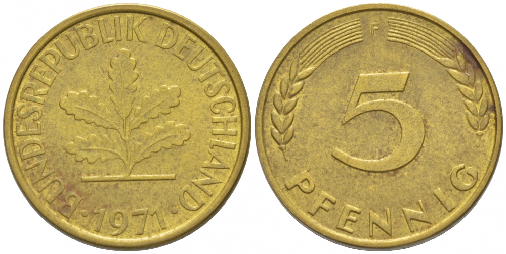 ФРГ 5 ПФЕННИГОВ 1971 F KM 107 J. 382 сталь плакированная латунью 3955-569
