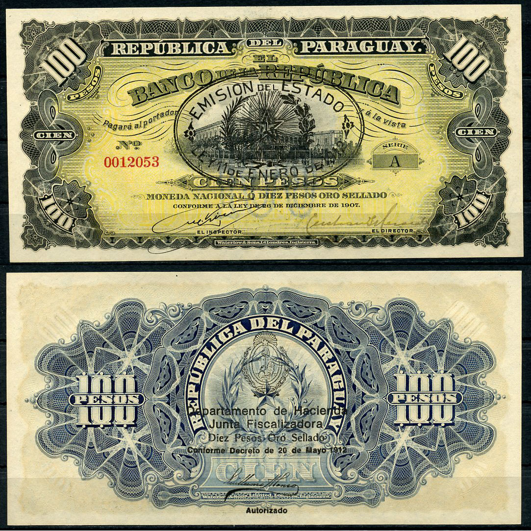 Парагвай 100 песо 1912 серия А, дворец Лос Лопес, Асунсьон, надпечатки на Pick 159 Pick 134 (3)  бумага  UNC (пресс) 00-00