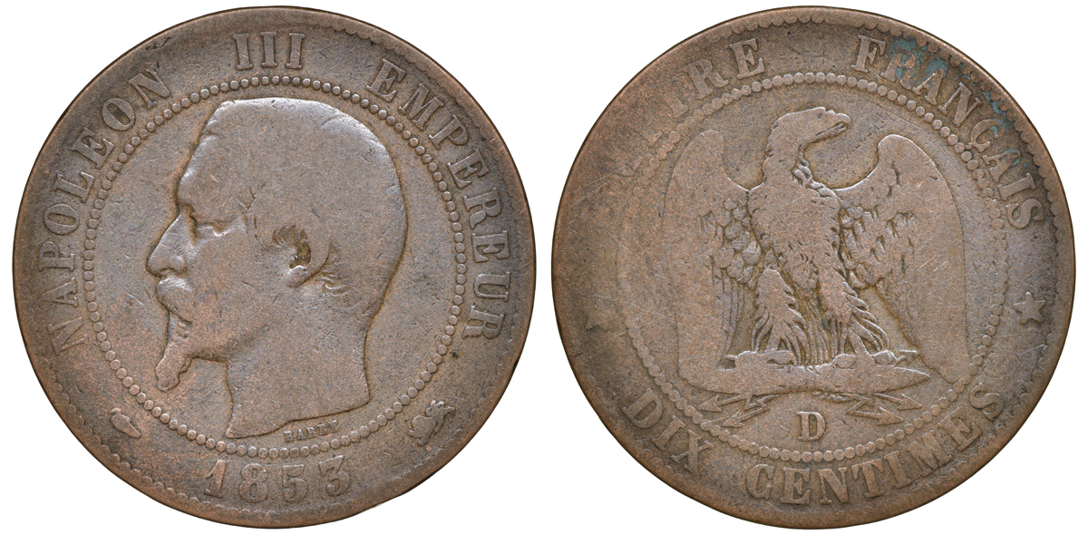 Франция 10 сантимов 1853 D, Наполеон III (1852-1870) KM 771.4, Le Franc 133 бронза 4168-115
