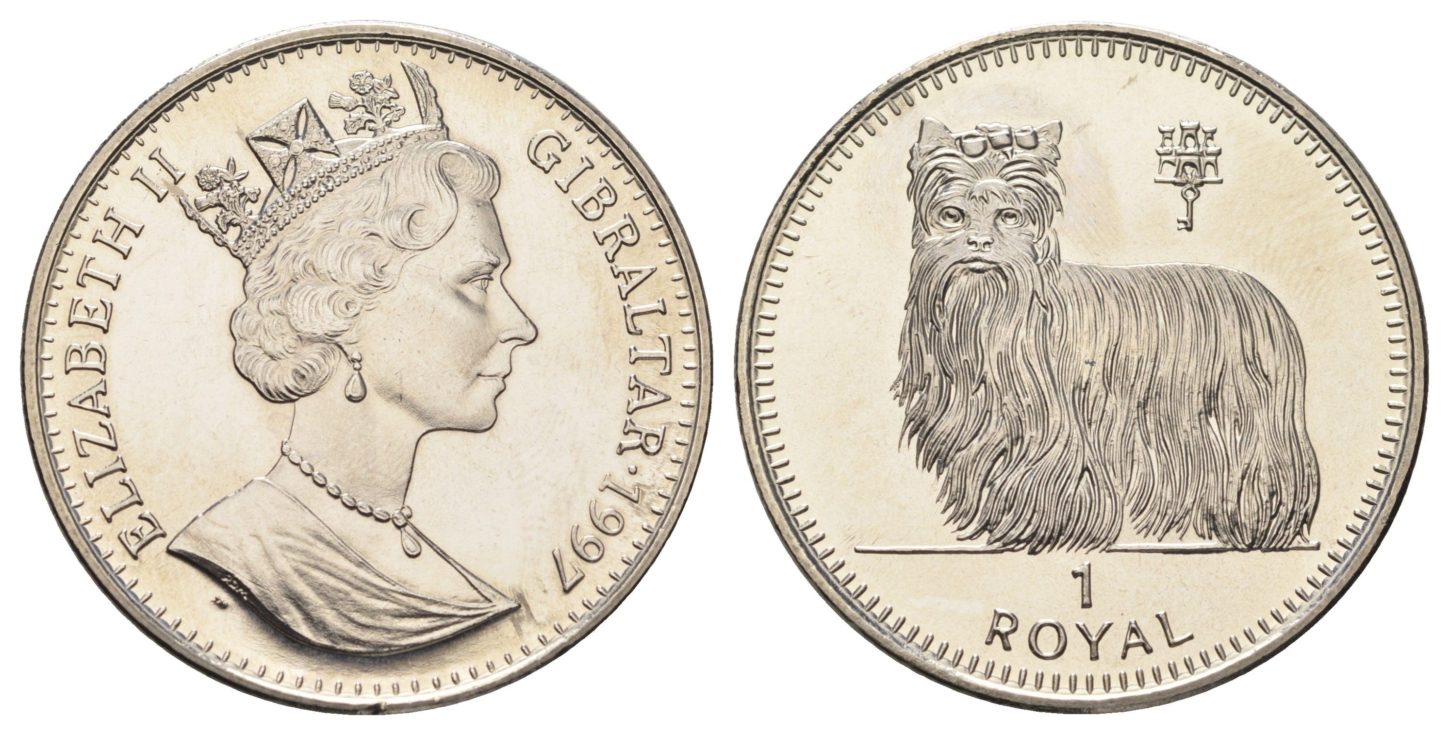 Гибралтар 1 крона 1997 Лучшие друзья человека (собаки) - Йоркширский терьер KM 561 медно-никель BU 1524-1932