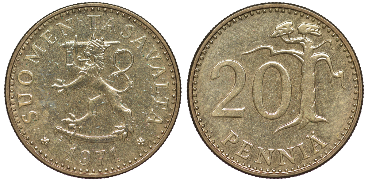 Финляндия 20 пенни 1971 S KM 47 алюминиевая бронза 259-531
