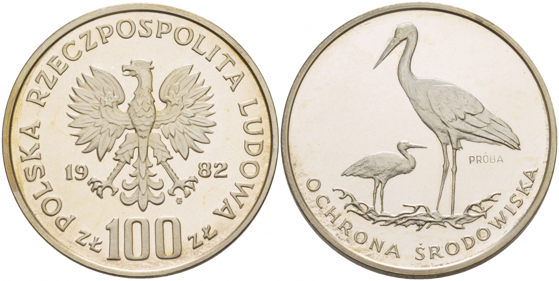 Польша 100 злотых 1982 серия охрана окружающей среды, аист в гнезде, пробный выпуск (PROBA) KM Pr 466 серебро PROOF 11-183-33