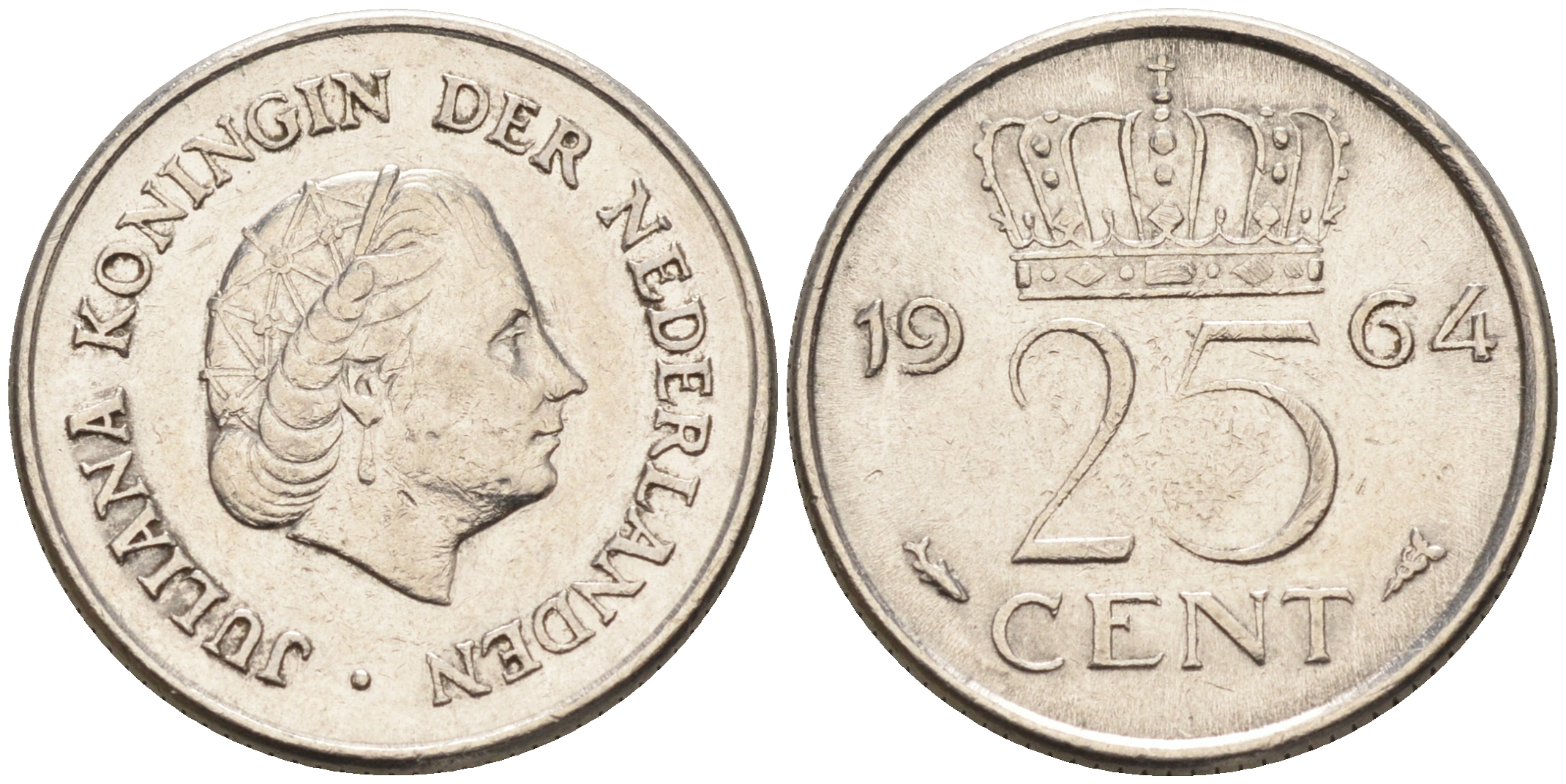 Нидерланды 25 центов 1964 Юлиана (1949-1980) KM 183 никель    4174-651