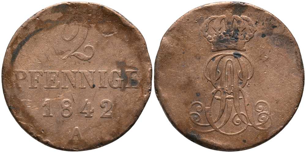 Ганновер 2 пфеннига 1842 А, Эрнст Август (1837-1851) KM 174.1, AKS 122, J. 55 медь 117-512
