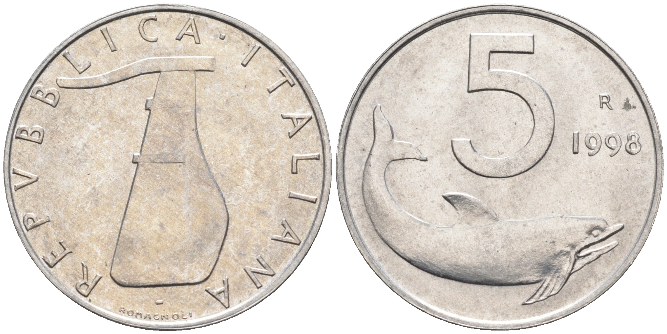 Италия 5 лир 1998 R, дельфин KM 92 алюминий  UNC  4594-756