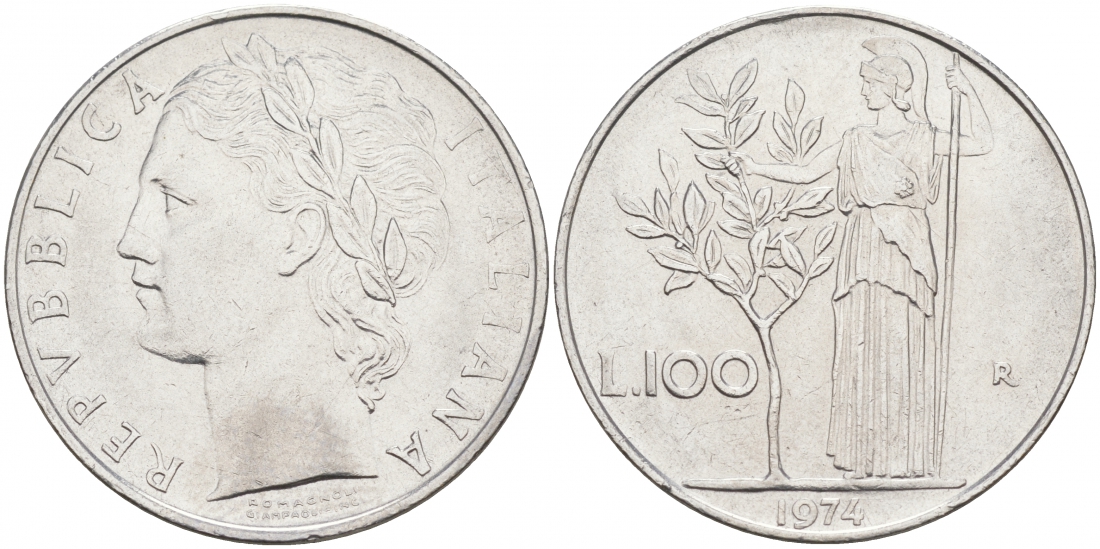 ИТАЛИЯ 100 ЛИР 1974 R, АФИНА KM 96.1 нержавеющая сталь 3855-815