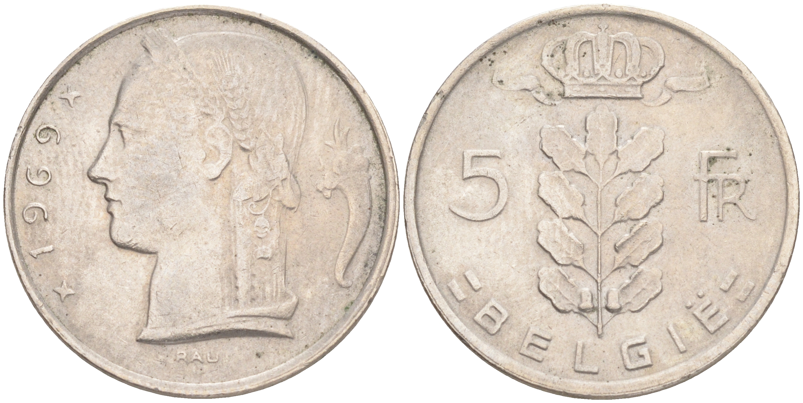 БЕЛЬГИЯ 5 ФРАНКОВ 1969 BELGIE KM 135.1 медно-никель 4556-426