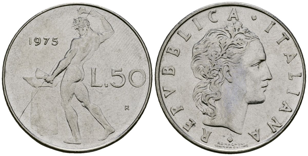 Италия 50 лир 1975 R, бог огня Вулкан у наковальни KM 95.1 нержавеющая сталь 4138-612