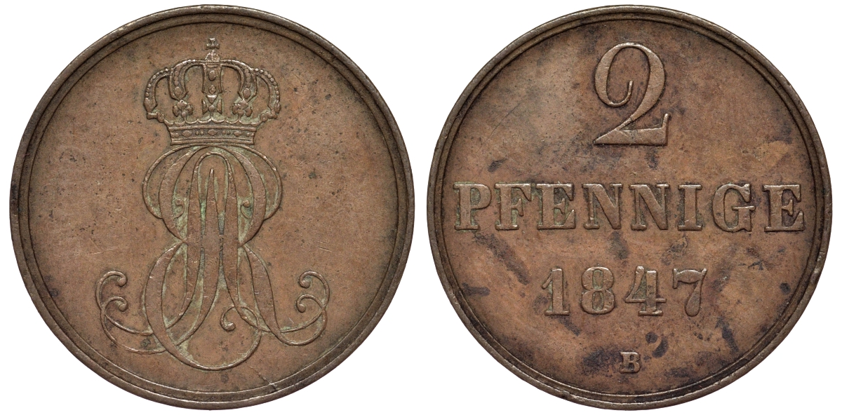 Ганновер 2 пфеннига 1847 B, Эрнст Август (1837-1851) KM 202.1, AKS 124, J. 75 медь 75-1847