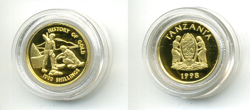 ТАНЗАНИЯ 1000 ШИЛЛИНГОВ 1998 ИСТОРИЯ ЗОЛОТА KM 60 золото PROOF 00-000-00