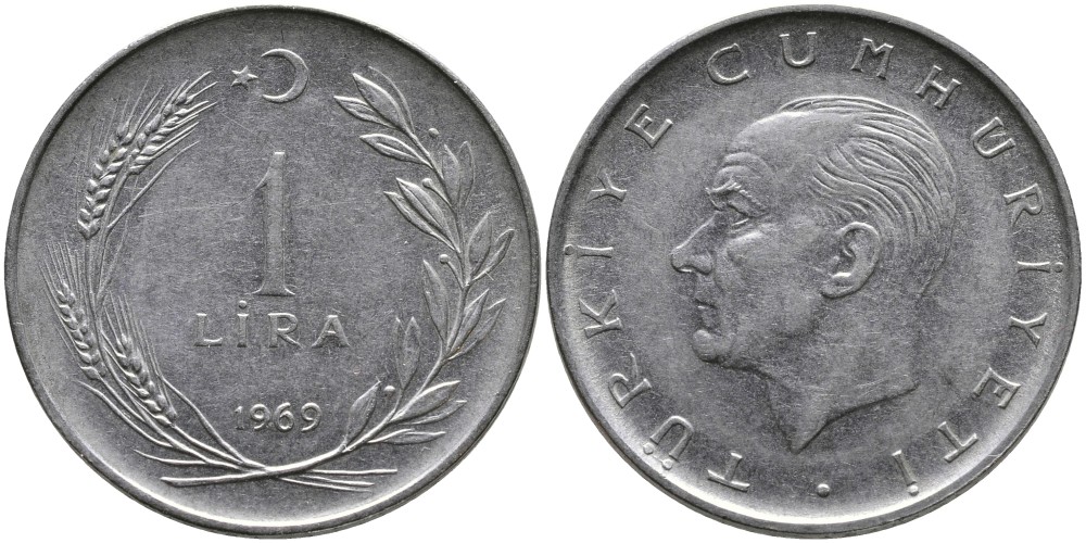 Турция 1 лира 1969 Мустафа Кемаль Ататюрк KM 889а.2 нержавеющая сталь 4538-946