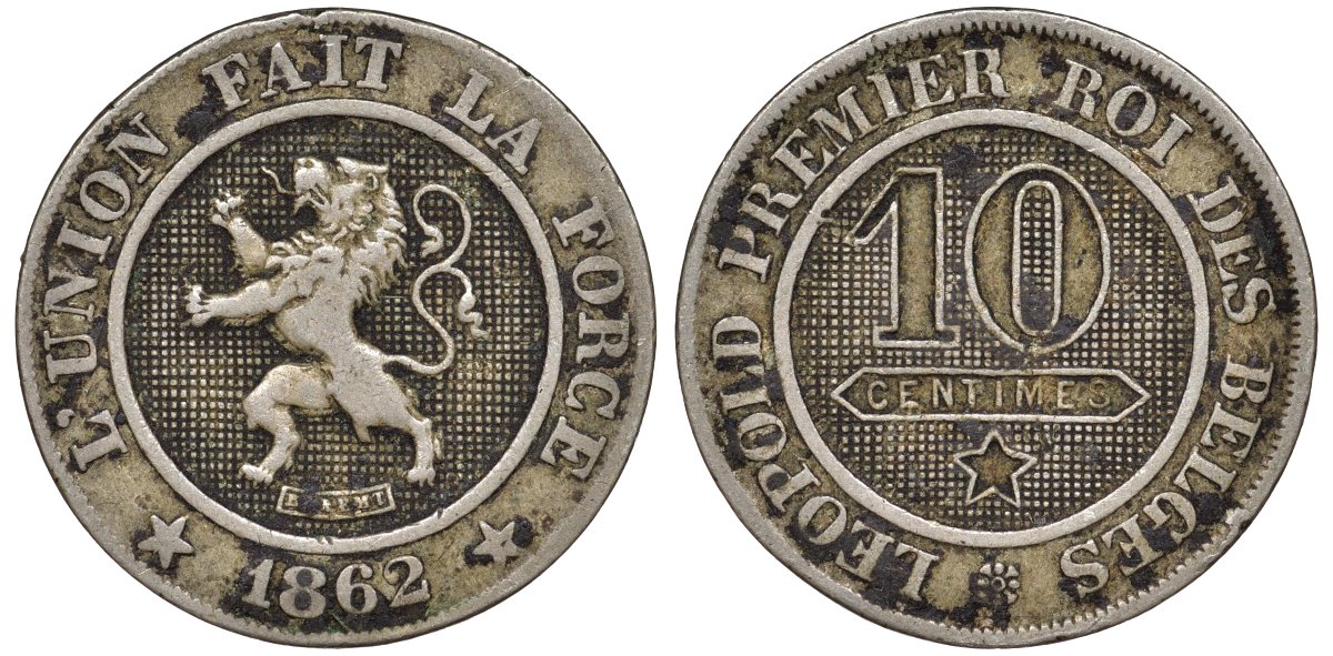Бельгия 10 сантимов 1862 Belges KM 22 медно-никель 51-2154