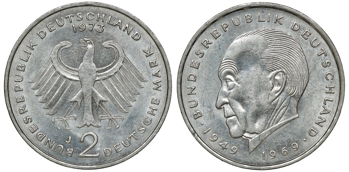 ФРГ 2 МАРКИ 1973 J, КОНРАД АДЕНАУЭР KM 124, J. 406 медно-никель плакированный никелем плакированный никелем UNC 72-452