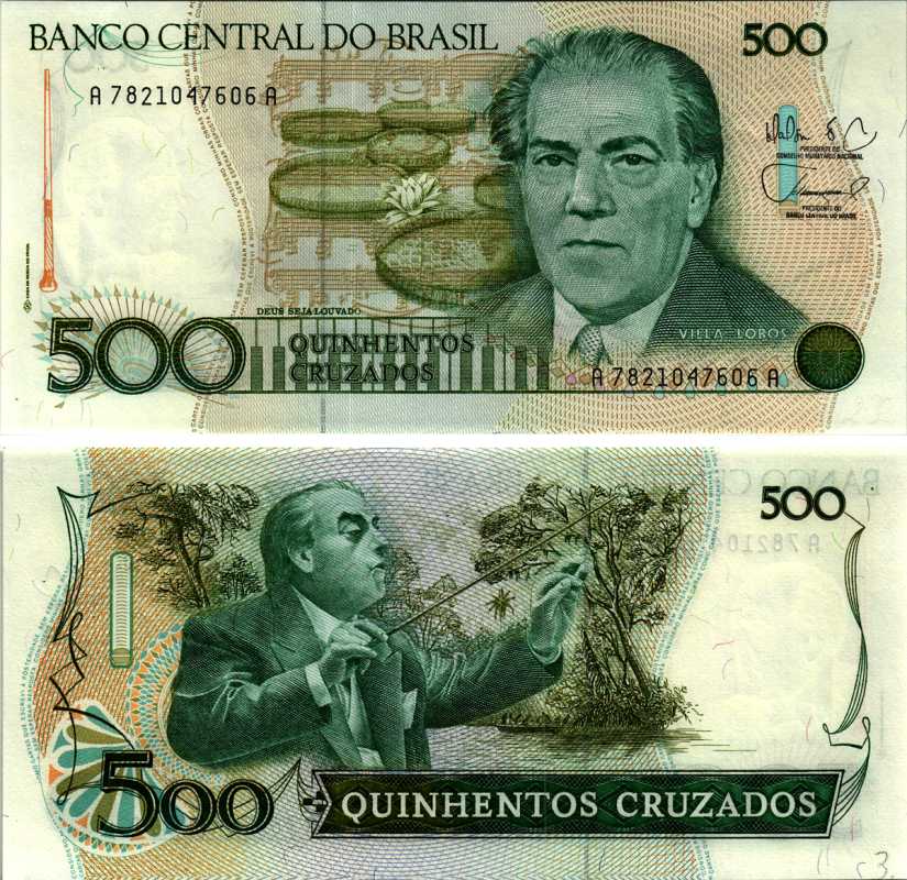 Бразилия 500 крузадо ND (1986-1988) серия A 7821, 100 лет со дня рождения Эйтор Вилла-Лобос Pick 212 d бумага UNC (пресс) 7547-42-2-2