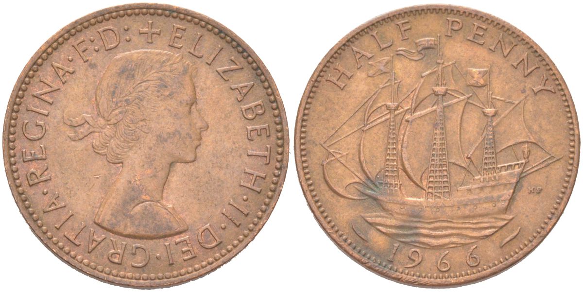 Великобритания 1/2 пенни 1966 Елизавета II (1952-2022) KM 896, Spink 4158 бронза 4128-151