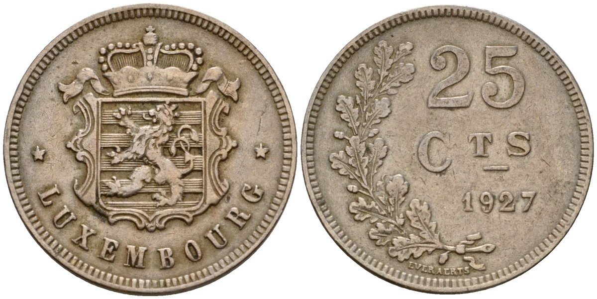 Люксембург 25 сантимов 1927 Шарлотта (1918-1964) KM 37 медно-никель 4122-514
