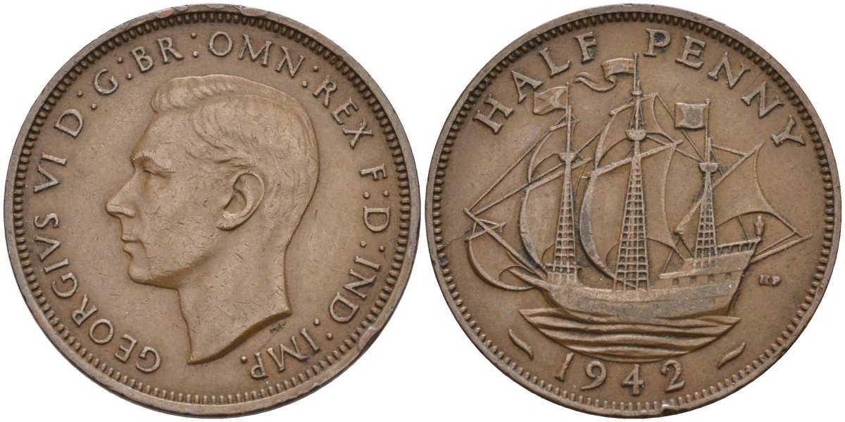 Великобритания 1/2 пенни 1942 Георг VI (1936-1952) KM 844, Spink 4115 бронза 4116-1243