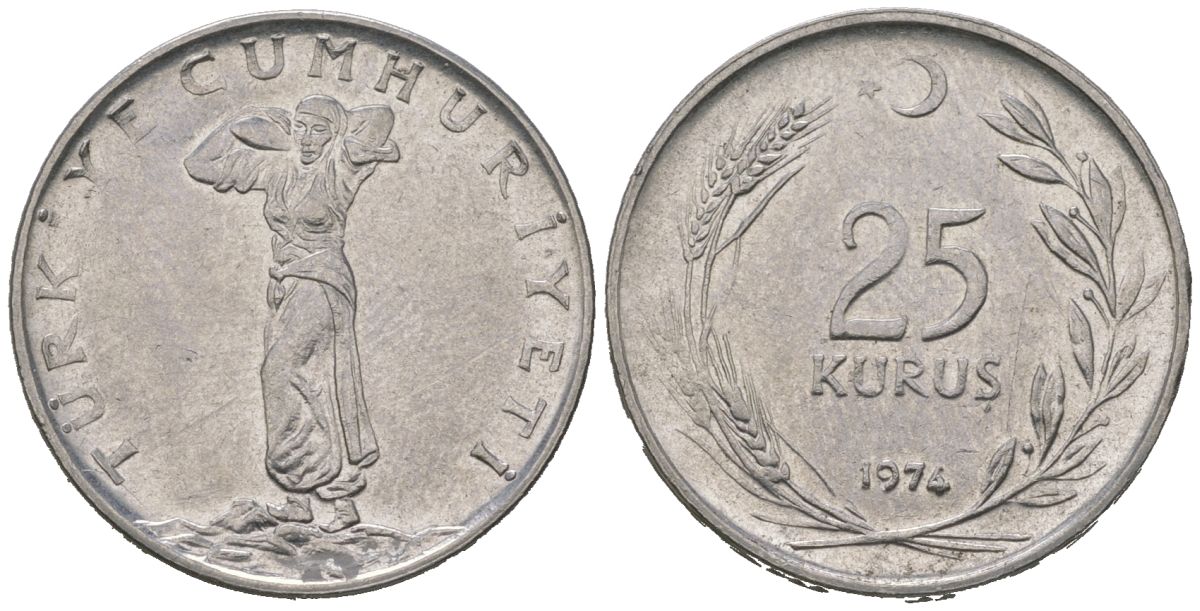 Турция 25 курушей 1974 Кемаль Ататюрк KM 892.3 нержавеющая сталь 4620-551