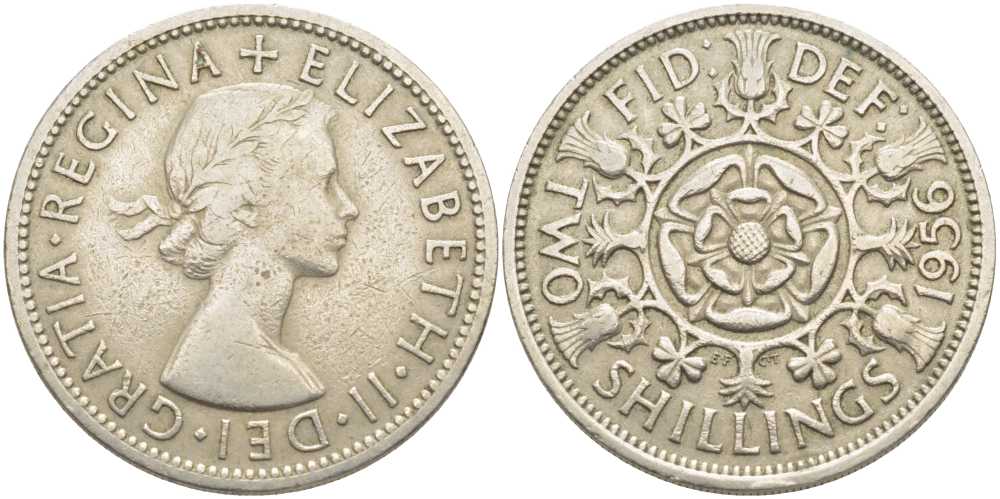 Великобритания 2 шиллинга (флорин) 1956 Елизавета II (1952-2022) KM 906, Spink 4146 медно-никель 109-1214