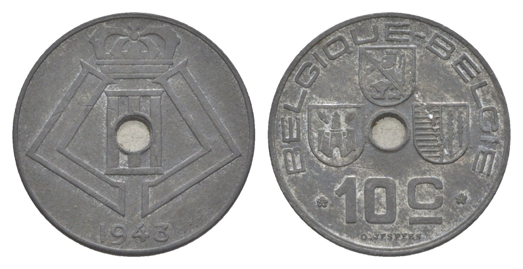 Бельгия 10 сантимов 1943 Belgique - Belgie, Леопольд III (1934-1947), германская оккупация, Вторая мировая война KM 125 цинк 4639-246