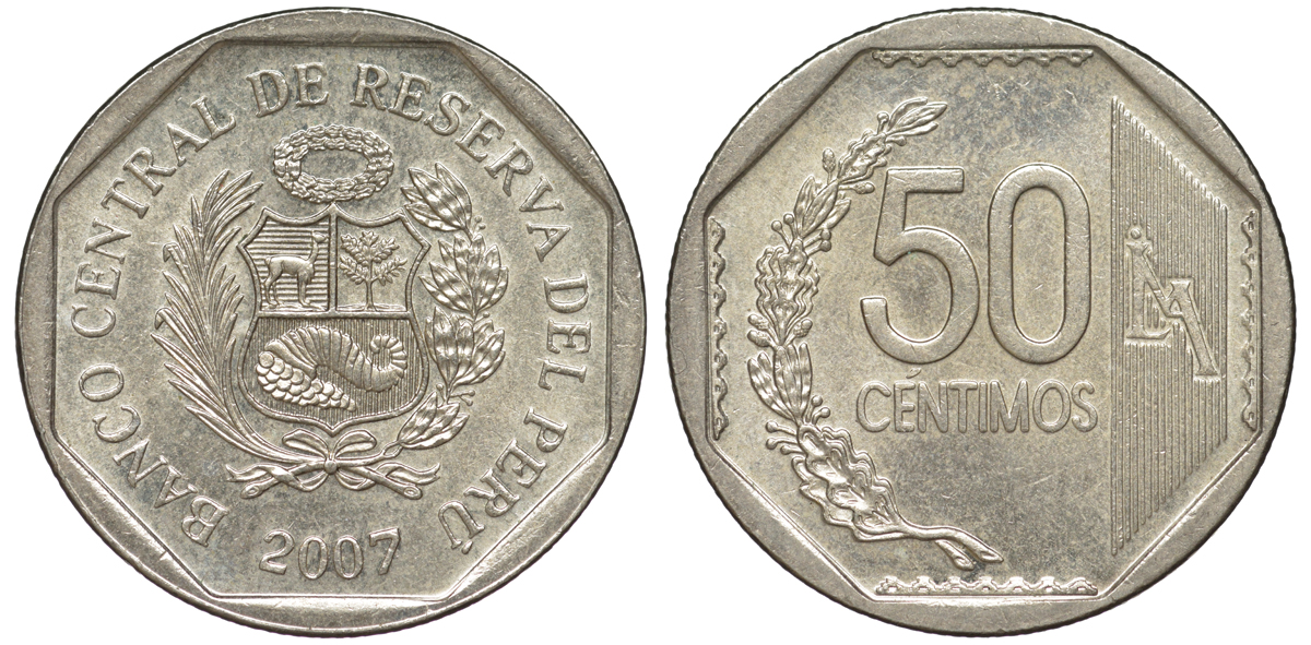 Перу 50 сентимо 2007 KM 307.4 медно-никель aUNC 4605-333