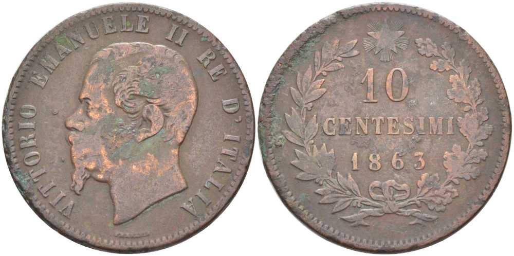 ИТАЛИЯ 10 ЧЕНТЕЗИМО 1863 ВИКТОР ИМАНУИЛ II (1861-1878) KM 11.2 медь 111-1032