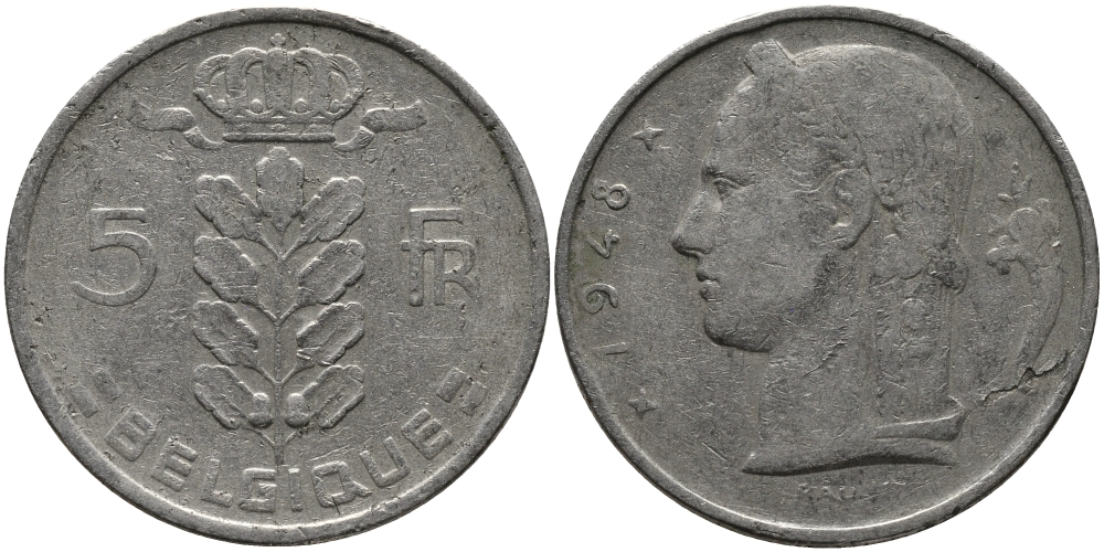 БЕЛЬГИЯ 5 ФРАНКОВ 1948 BELGIQUE KM 134.1 медно-никель 98-623