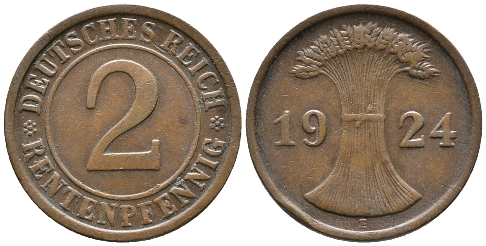 ГЕРМАНИЯ 2 РЕНТЕНПФЕННИГА 1924 E KM 31, J. 307 бронза 24-654