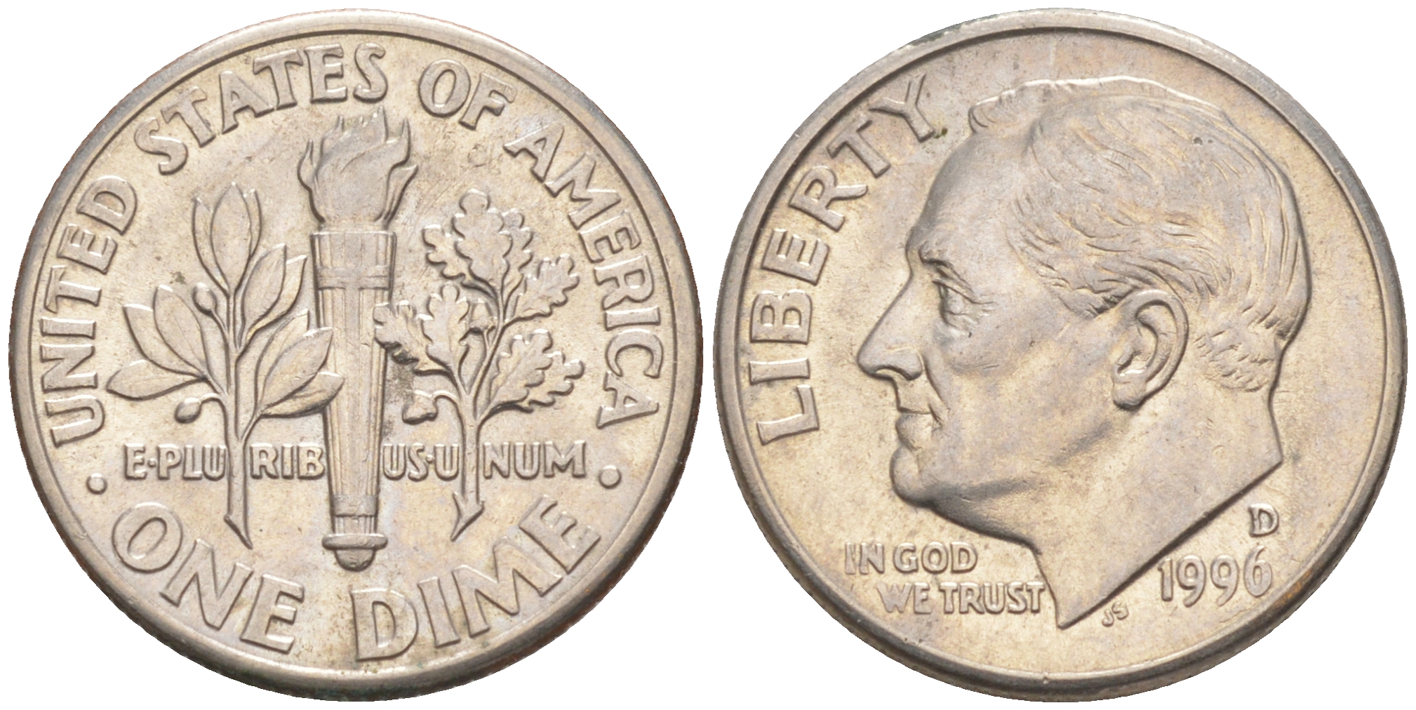 США 10 ЦЕНТОВ = 1 ДАЙМ 1996 D, РУЗВЕЛЬТ KM 195a медь плакированная медно-никелем 187-1118