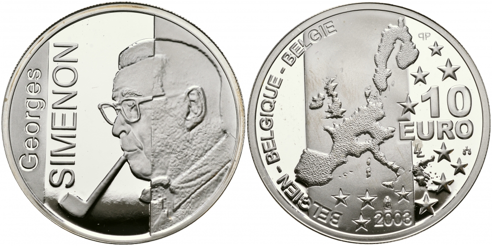 Бельгия 10 евро 2003 100 лет со дня рождения Жоржа Сименона KM 235 серебро PROOF 1087-1-52