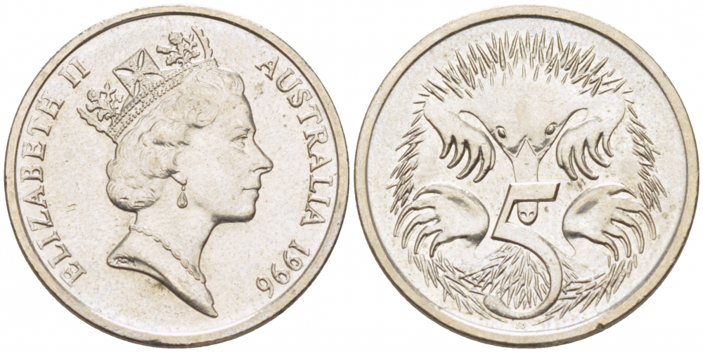 Австралия 5 центов 1996 Елизавета II (1952-2022), ехидна KM 80 медно-никель 3851-1139