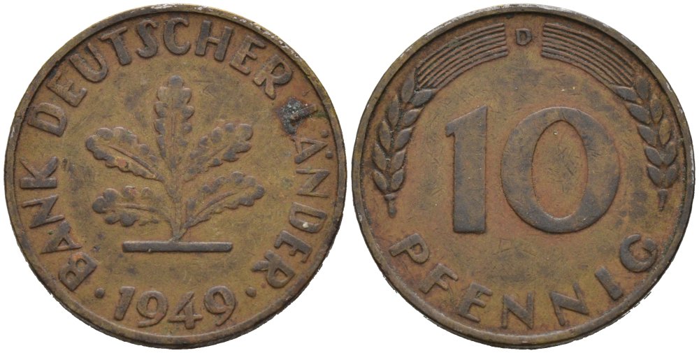 ФРГ 10 ПФЕННИГОВ 1949 D KM 103, J. 378 сталь плакированная латунью 4513-944