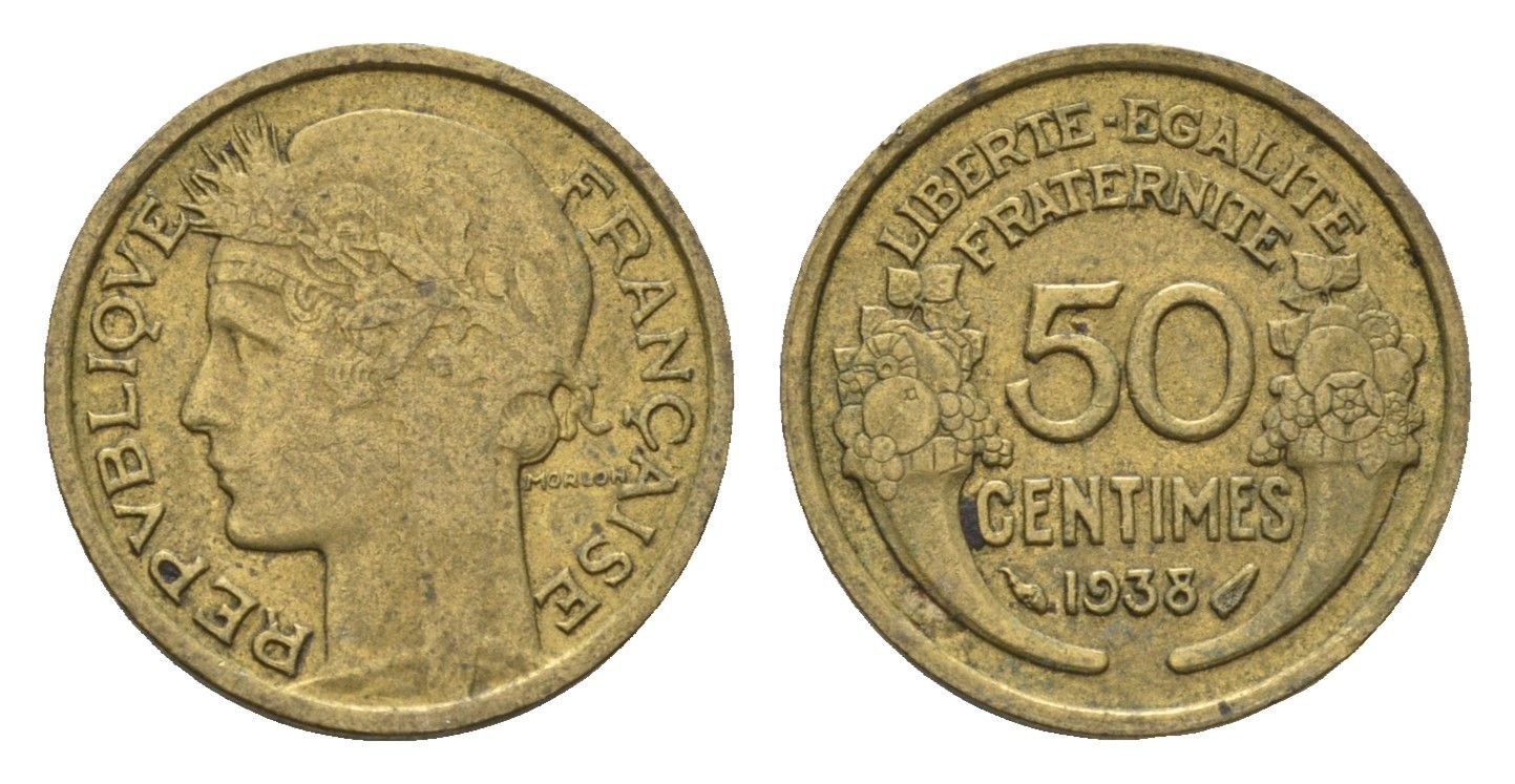 Франция 50 сантимов 1938 KM 894 алюминиевая бронза 4674-618