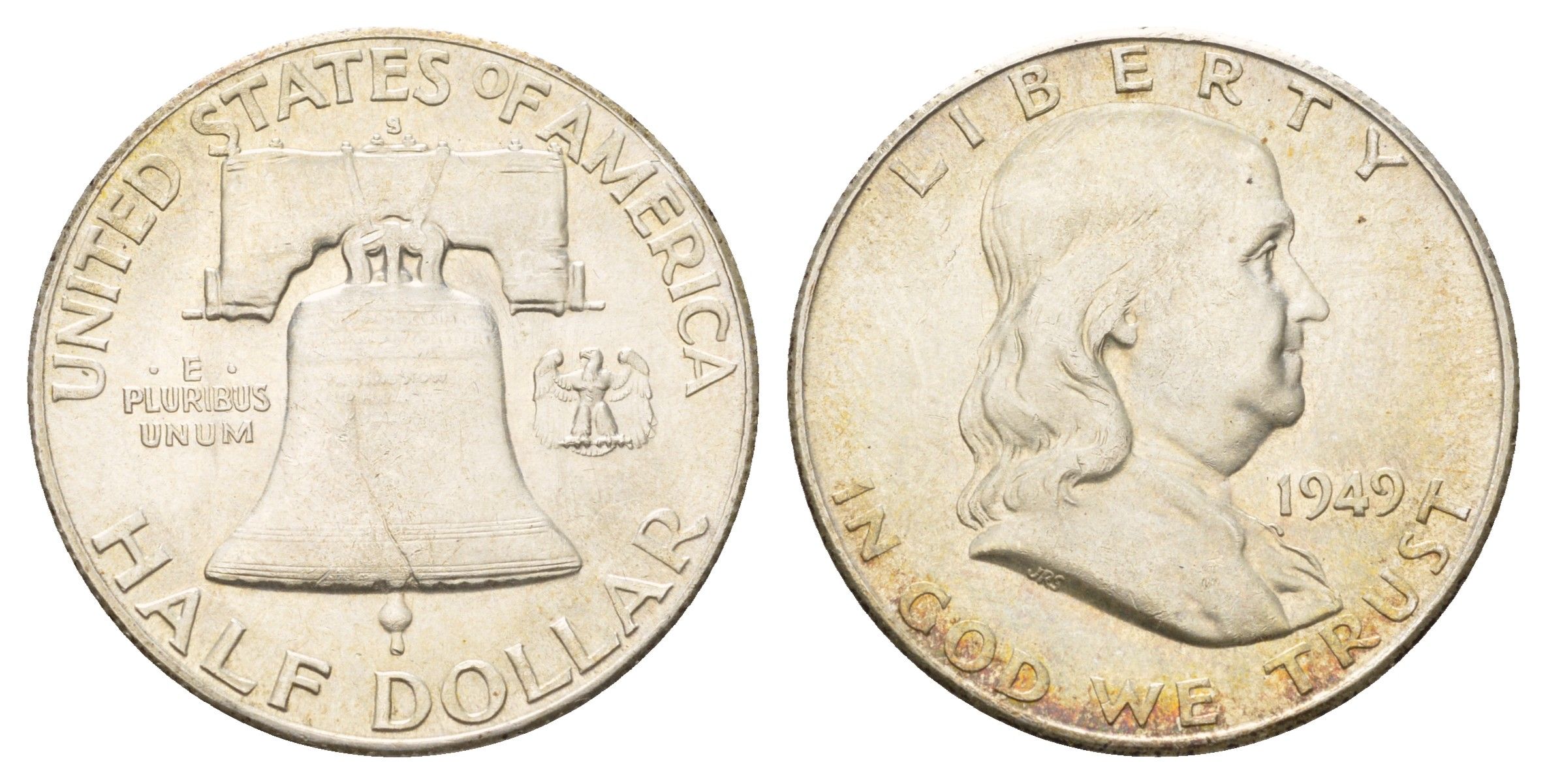 США 1/2 доллара (50 центов) 1949 S, Бенджамин Франклин, колокол KM 199 серебро aUNC 3711-1531