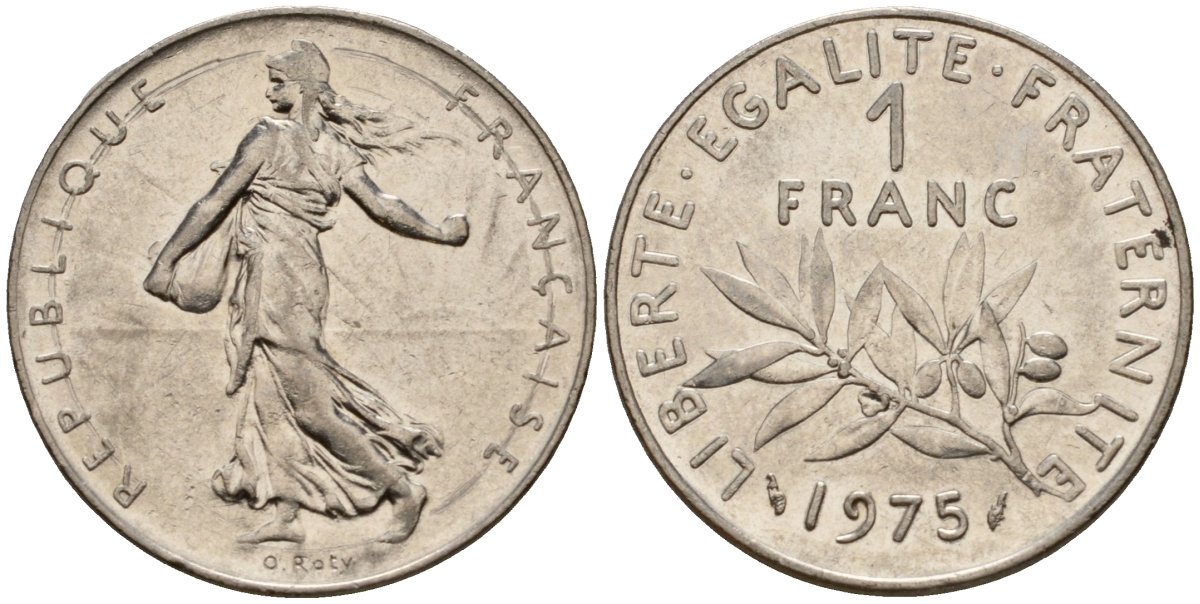 Франция 1 франк 1975 сеятель KM 925 никель 4601-734