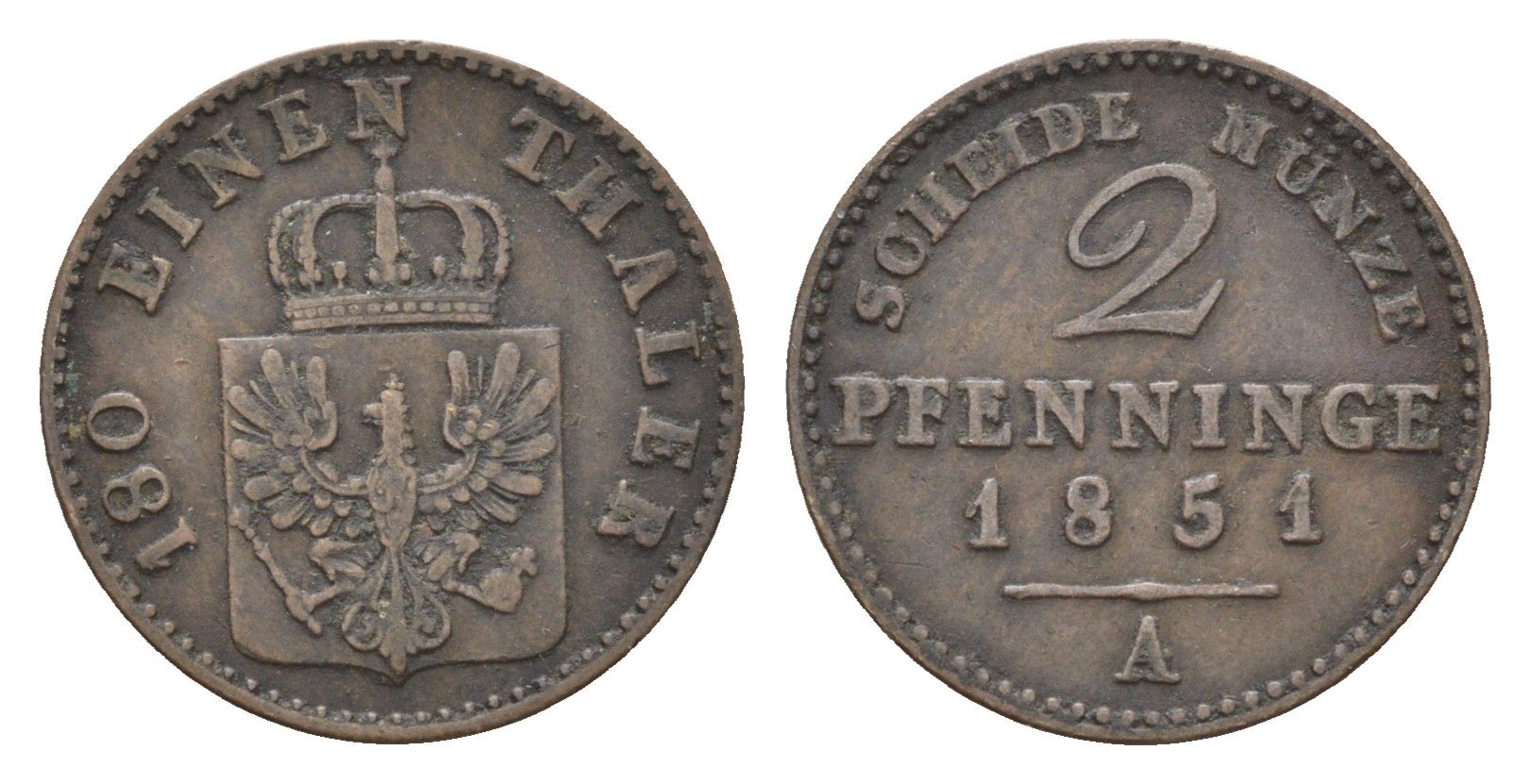 Пруссия 2 пфеннига 1851 A, Фридрих Вильгельм IV (1840-1861) KM 452 медь 4655-833