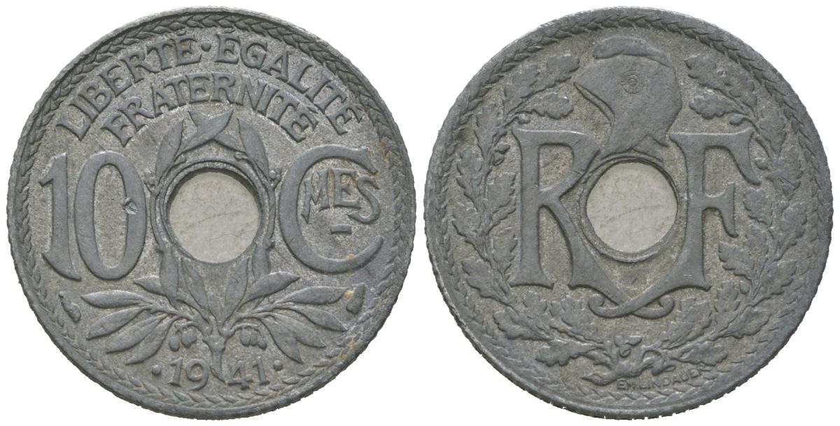 Франция 10 сантимов 1941 KM 896, Le Franc 140/2 цинк UNC 4584-925