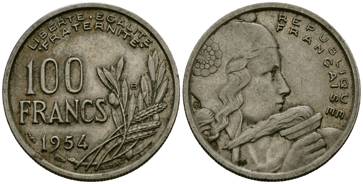 Франция 100 франков 1954 KM 919.2 медно-никель 4575-352