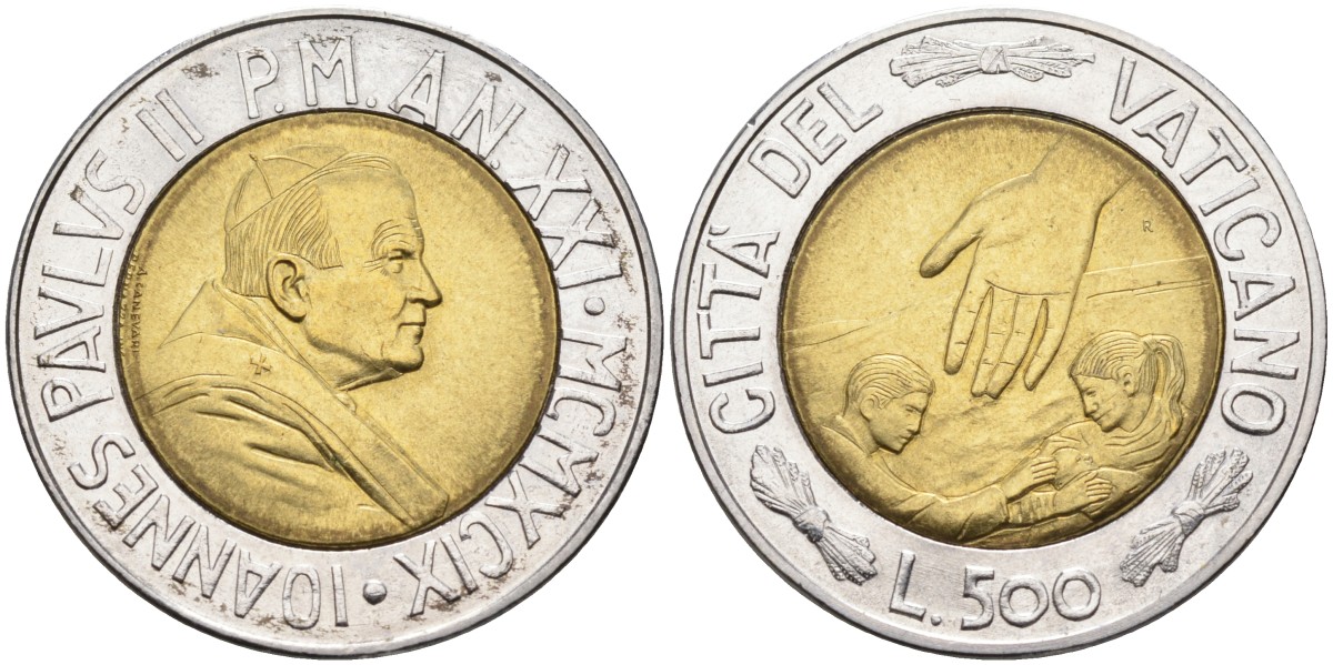Ватикан 500 лир 1999 время выбора - время надежды, Иоанн Павел II KM 310 биметалл UNC 4586-1046