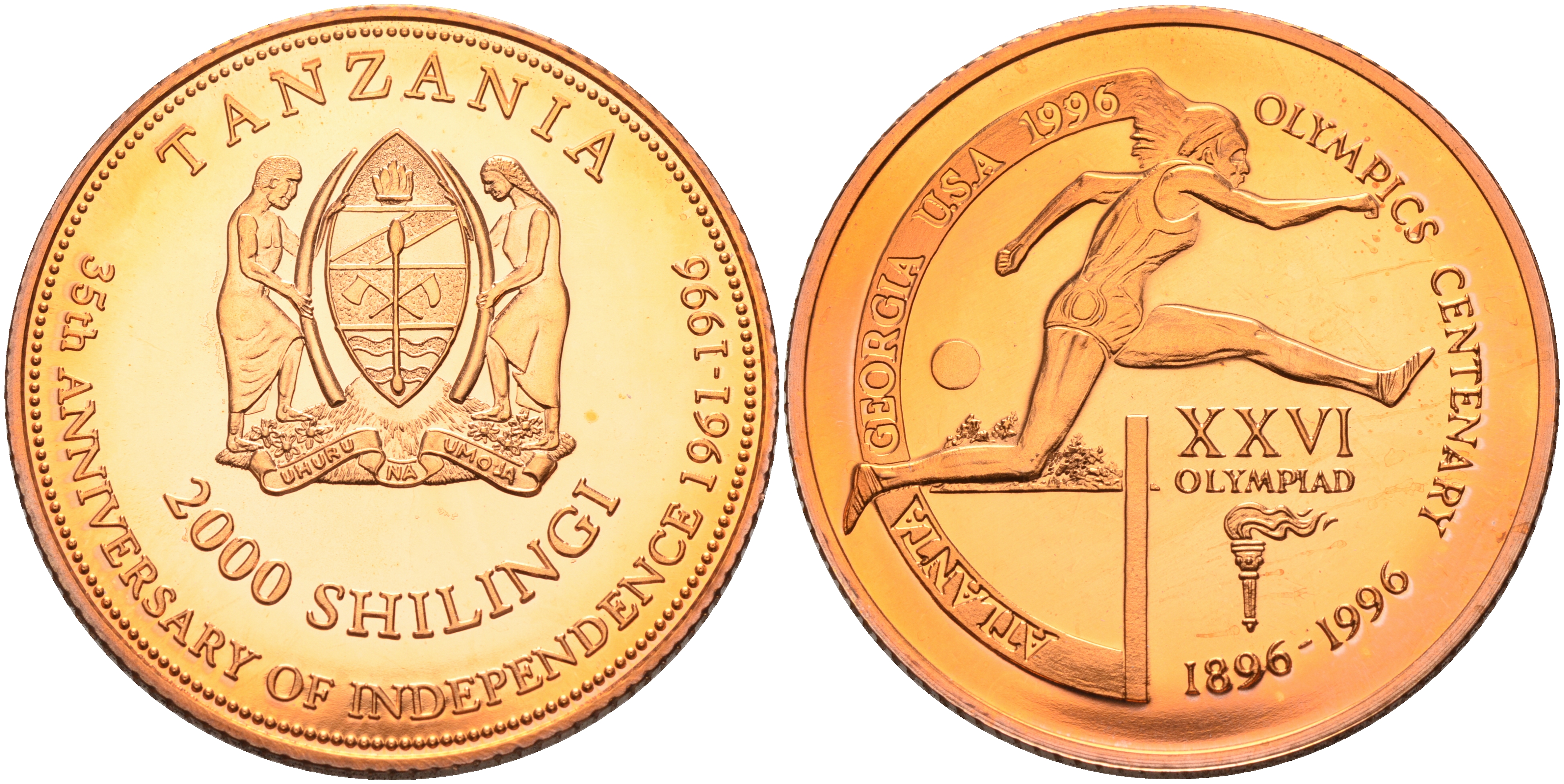 Танзания 2000 шиллингов 1996 XXVI Олимпийские игры 1996 года в Атланте, 100 лет Олимпийскому движению, бег с барьерами, пробник, рубчатый гурт медь PROOF 06-135-41