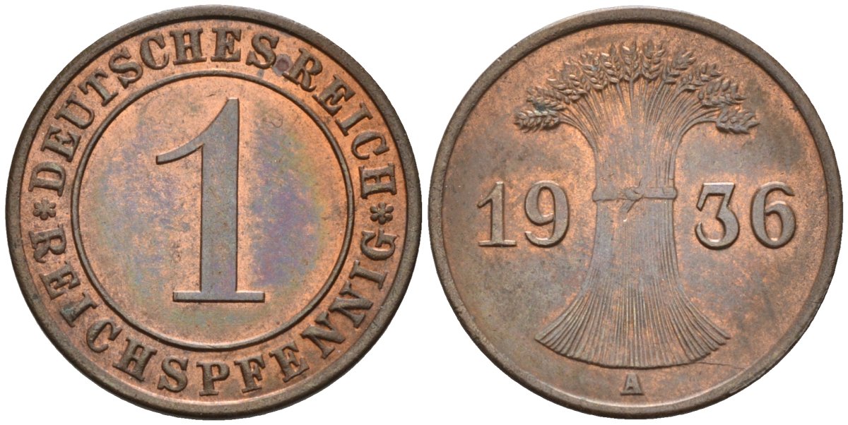 Германия 1 рейхспфенниг 1936 A KM 37, J.313, Weege 2 медь 4585-639