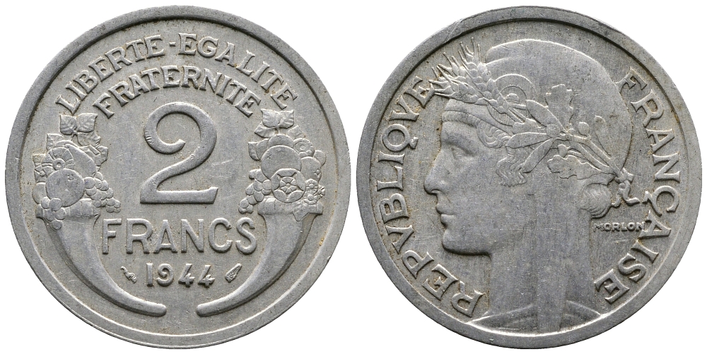 ФРАНЦИЯ 2 ФРАНКА 1944 KM 886а.1 алюминий 83-1944