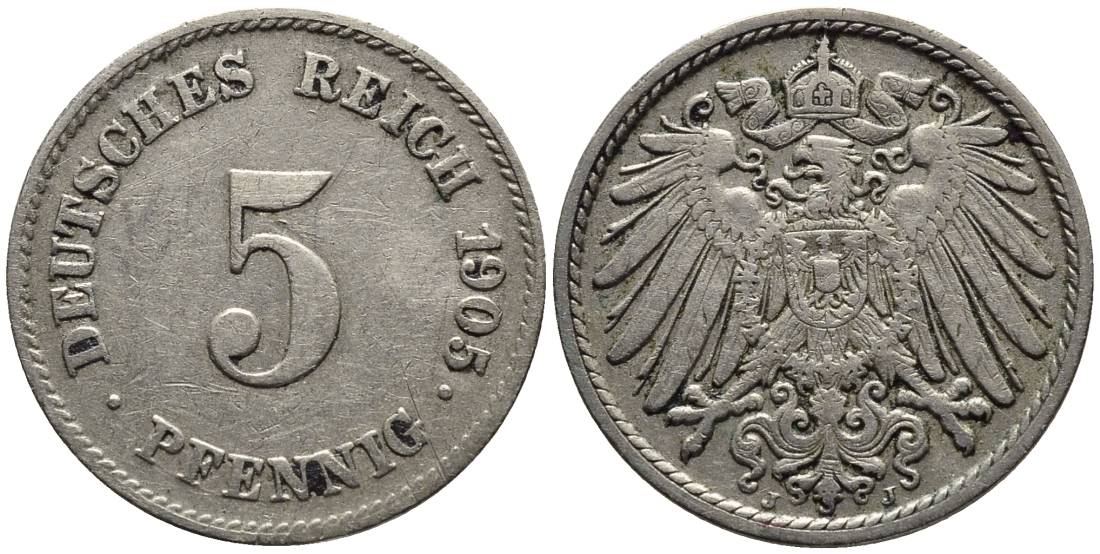 ГЕРМАНИЯ 5 ПФЕННИГОВ 1905 J KM 11, Jager 12, Weege 6 медно-никель 4547-447